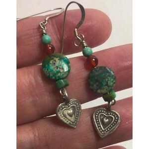 1695 Turquoise Carnelian bead heart drop Earrings 2”